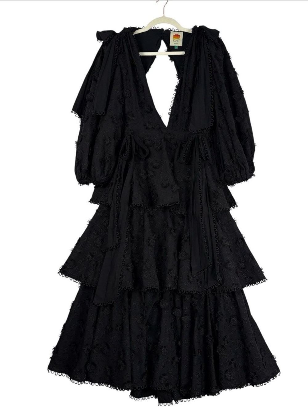FARM RIO Black Flowers Textured Tiered Ruffle Midi-Dress Sz S Victorian Prairie - Picture 5 of 16
